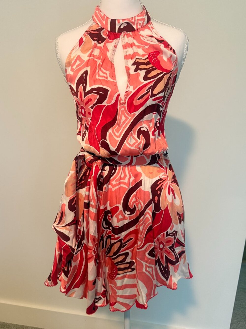 NWT Poupette St Barth Pink Coral Abstract Halter Mini Dress Size Small